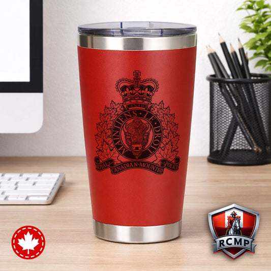 Red tumbler with RCMP Crest logo