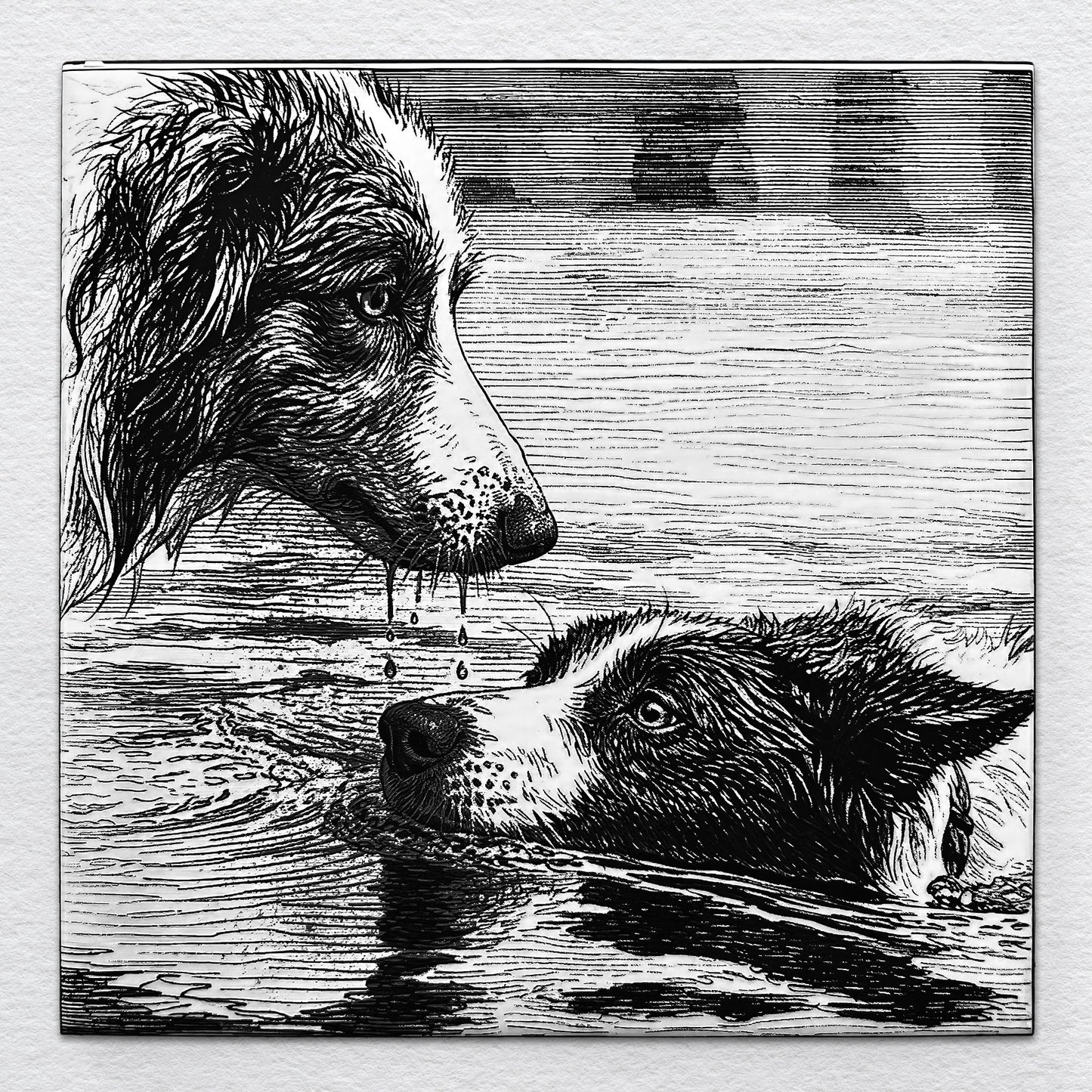 Two border collies in a quiet water scene, one swimming and one watching, laser-etched on ceramic tile.