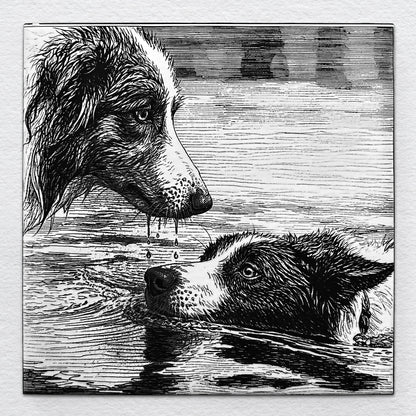 Two border collies in a quiet water scene, one swimming and one watching, laser-etched on ceramic tile.