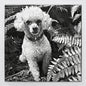 Portrait of a white poodle named Riley sitting among ferns, laser-etched on black ceramic tile.