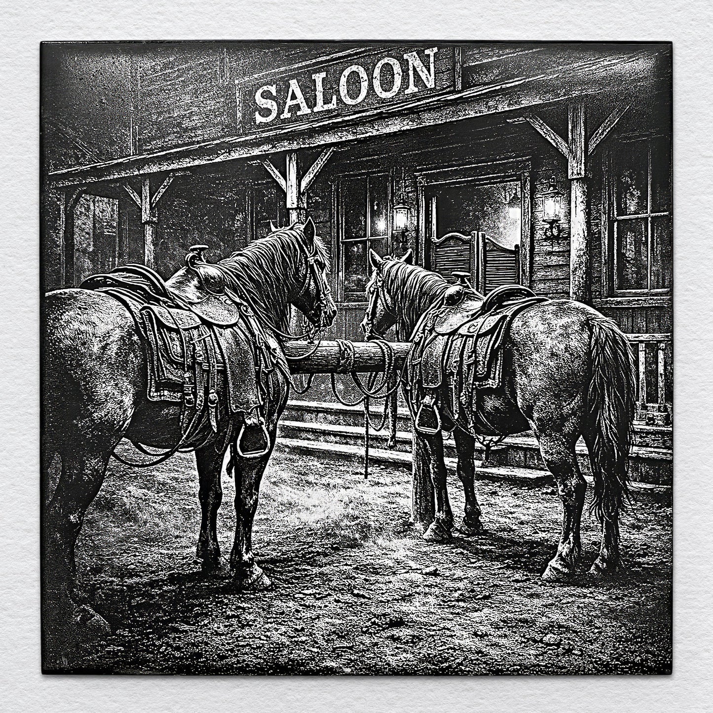 Two saddled horses tied outside a western saloon, capturing a frontier scene between spurs and whiskey.