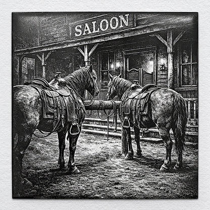 Two saddled horses tied outside a western saloon, capturing a frontier scene between spurs and whiskey.
