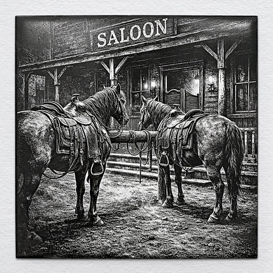 Two saddled horses tied outside a western saloon, capturing a frontier scene between spurs and whiskey.