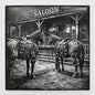 Two saddled horses tied outside a western saloon, capturing a frontier scene between spurs and whiskey.