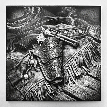 Engraved western revolver resting in an ornate leather holster with fringe and spurs, laser-etched on black ceramic tile.