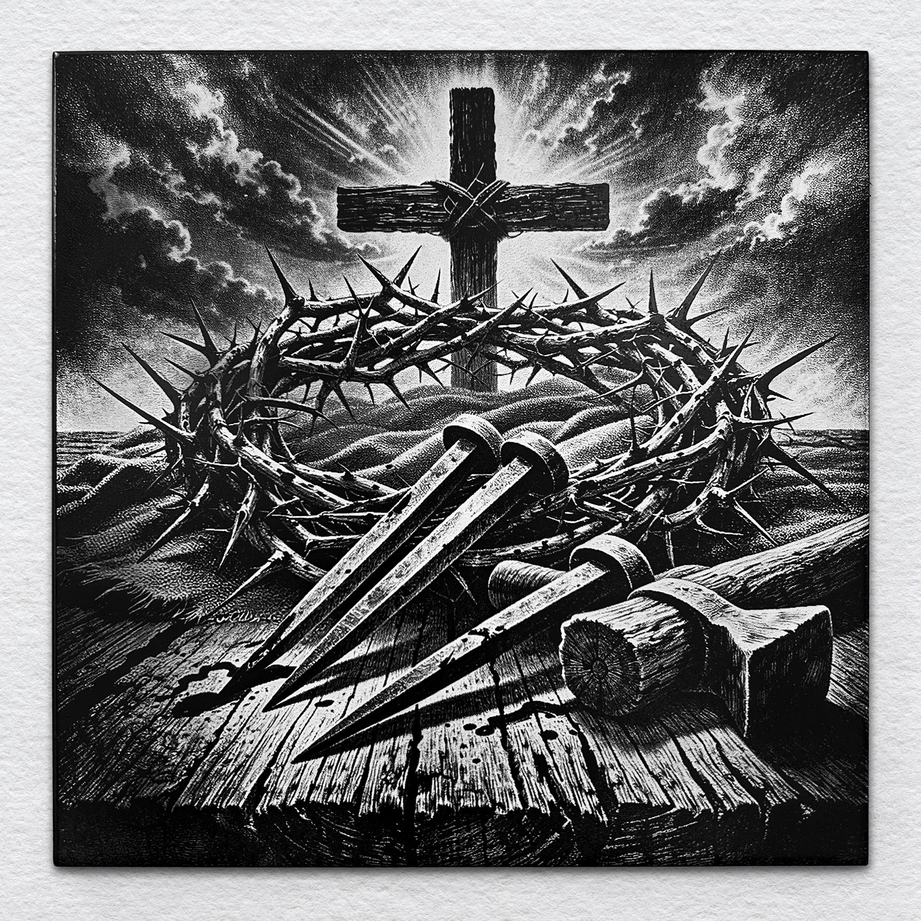 Black-and-white laser-etched image of a cross with crown of thorns and iron nails on a wooden surface, rendered on ceramic tile.