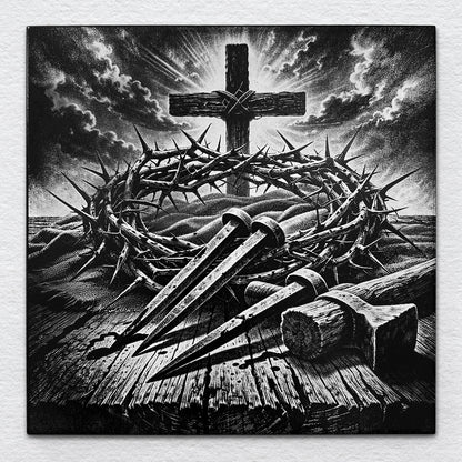 Black-and-white laser-etched image of a cross with crown of thorns and iron nails on a wooden surface, rendered on ceramic tile.