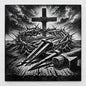 Black-and-white laser-etched image of a cross with crown of thorns and iron nails on a wooden surface, rendered on ceramic tile.