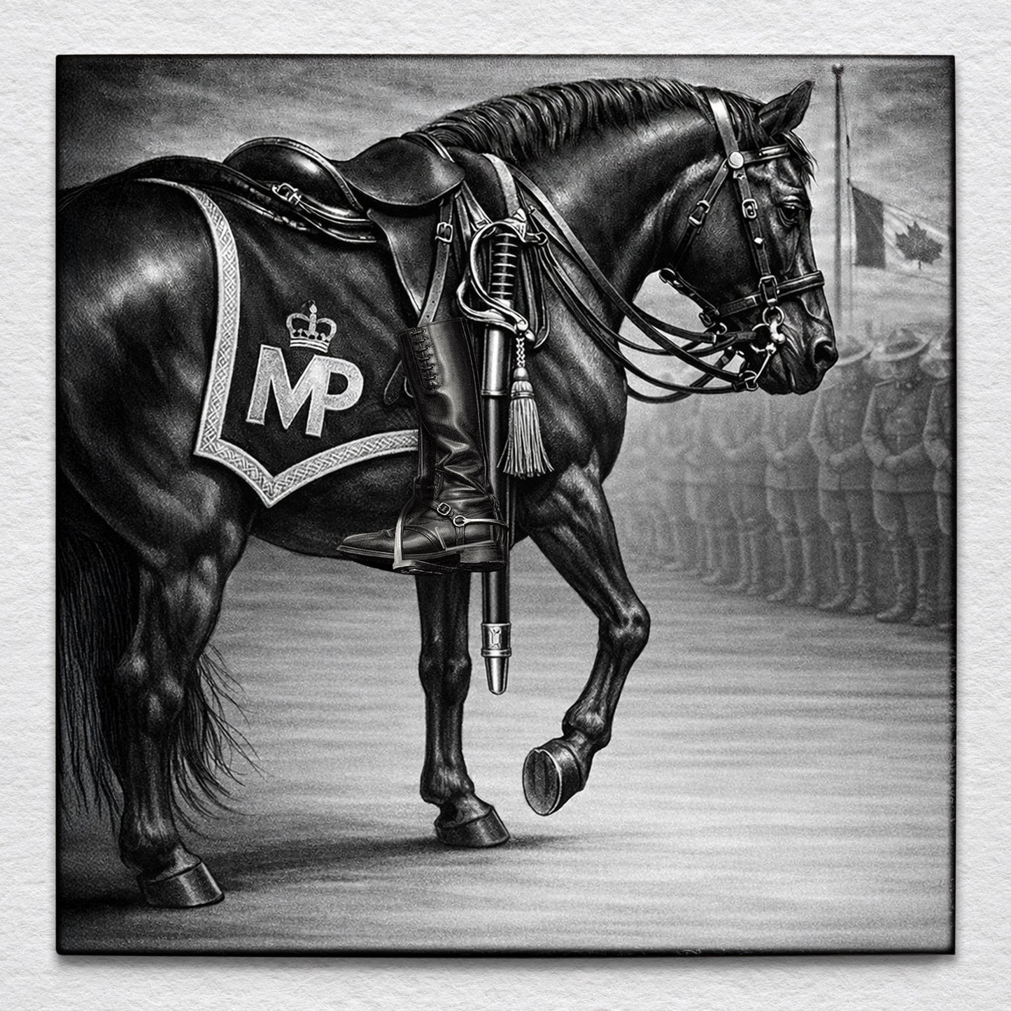 Caparisoned RCMP horse with boots reversed in the stirrups during a ceremonial funeral procession, symbolizing The Last Ride of a fallen Mountie.
