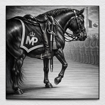 Caparisoned RCMP horse with boots reversed in the stirrups during a ceremonial funeral procession, symbolizing The Last Ride of a fallen Mountie.
